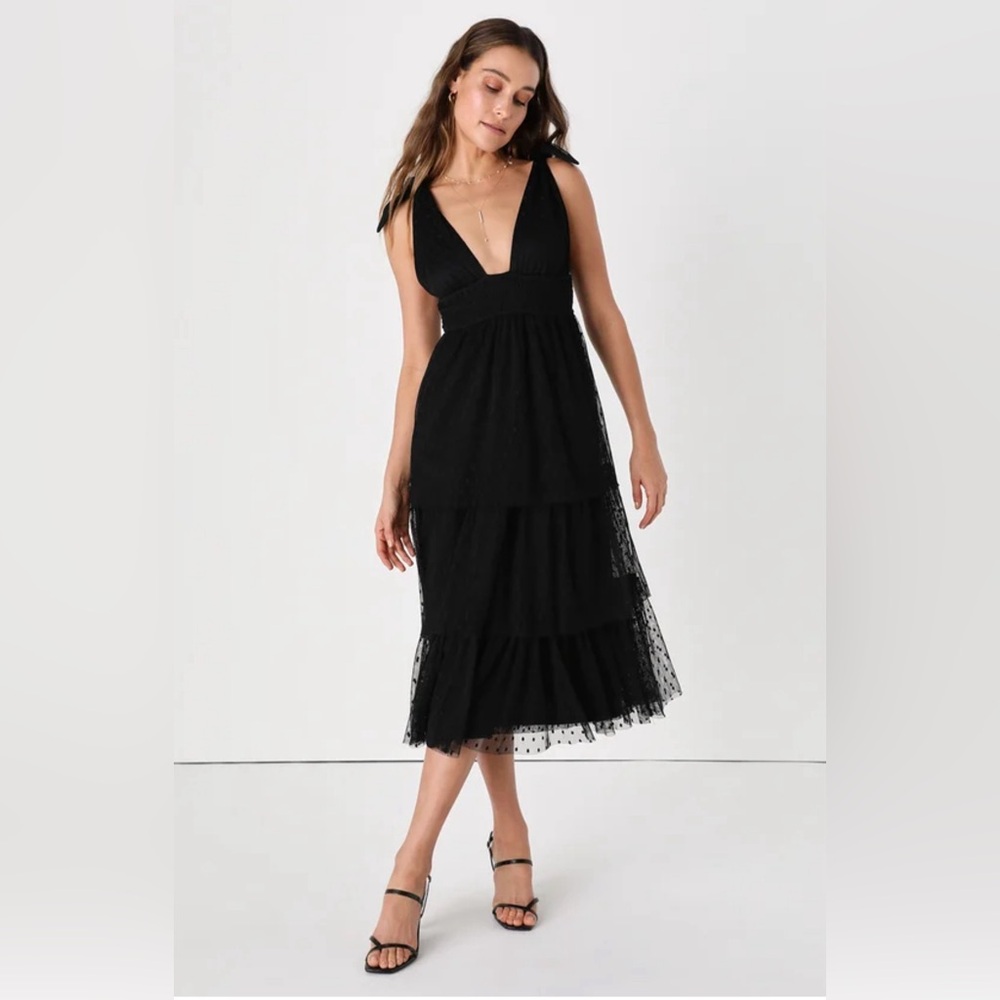 Lulu’s Tier's to Us Black Swiss Dot Tie-Strap Tiered Midi Dress